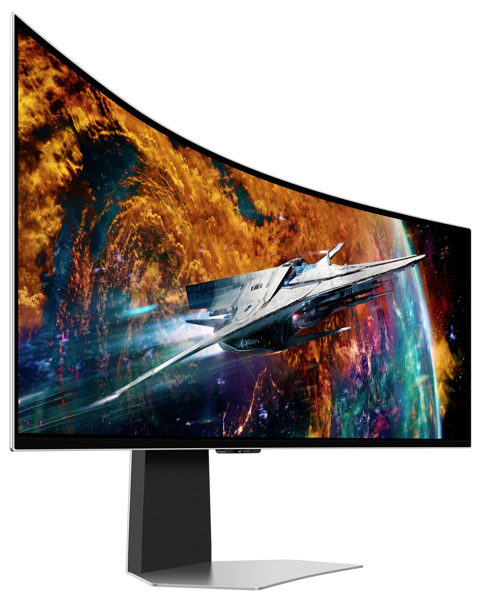 Un moniteur incurvé affiche un motif spatial coloré avec un vaisseau spatial rapide sur un fond orange et bleu.