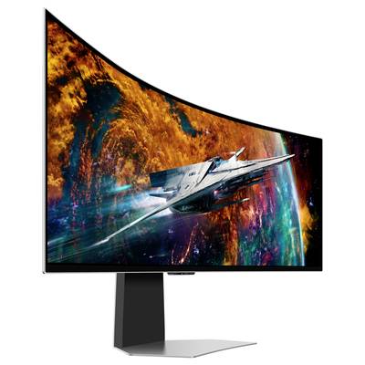 Un moniteur incurvé affiche un motif spatial coloré avec un vaisseau spatial rapide sur un fond orange et bleu.