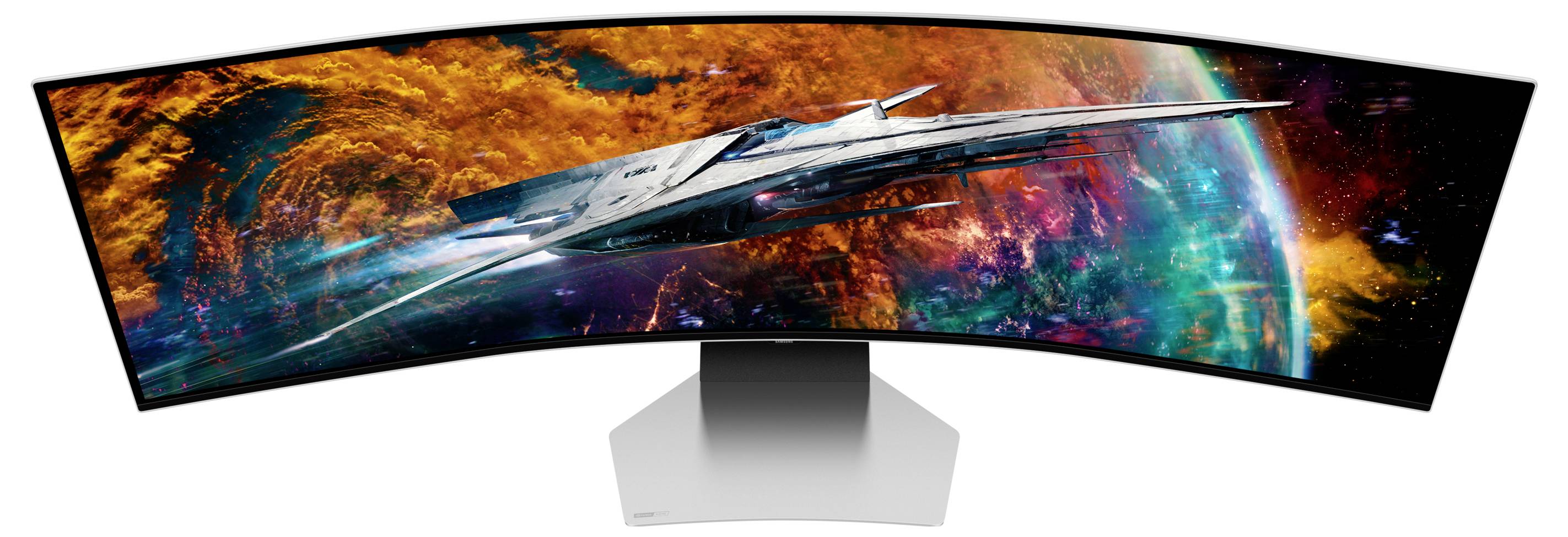 Un moniteur ultra-large et incurvé montre un vaisseau spatial volant devant un fond intergalactique coloré.