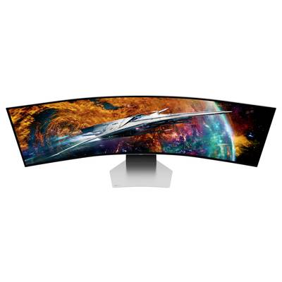 Un moniteur ultra-large et incurvé montre un vaisseau spatial volant devant un fond intergalactique coloré.