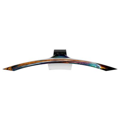Moniteur d'ordinateur incurvé vu de dessus, avec un écran lumineux et coloré.