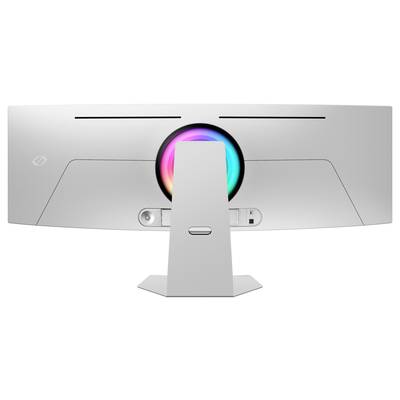 Un moniteur d'ordinateur incurvé vu de dos, avec un cercle lumineux et coloré au centre et plusieurs ports situés en bas du socle.