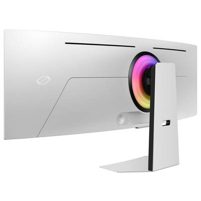 Un moniteur d'ordinateur incurvé vu de dos, avec un anneau LED multicolore en son centre.