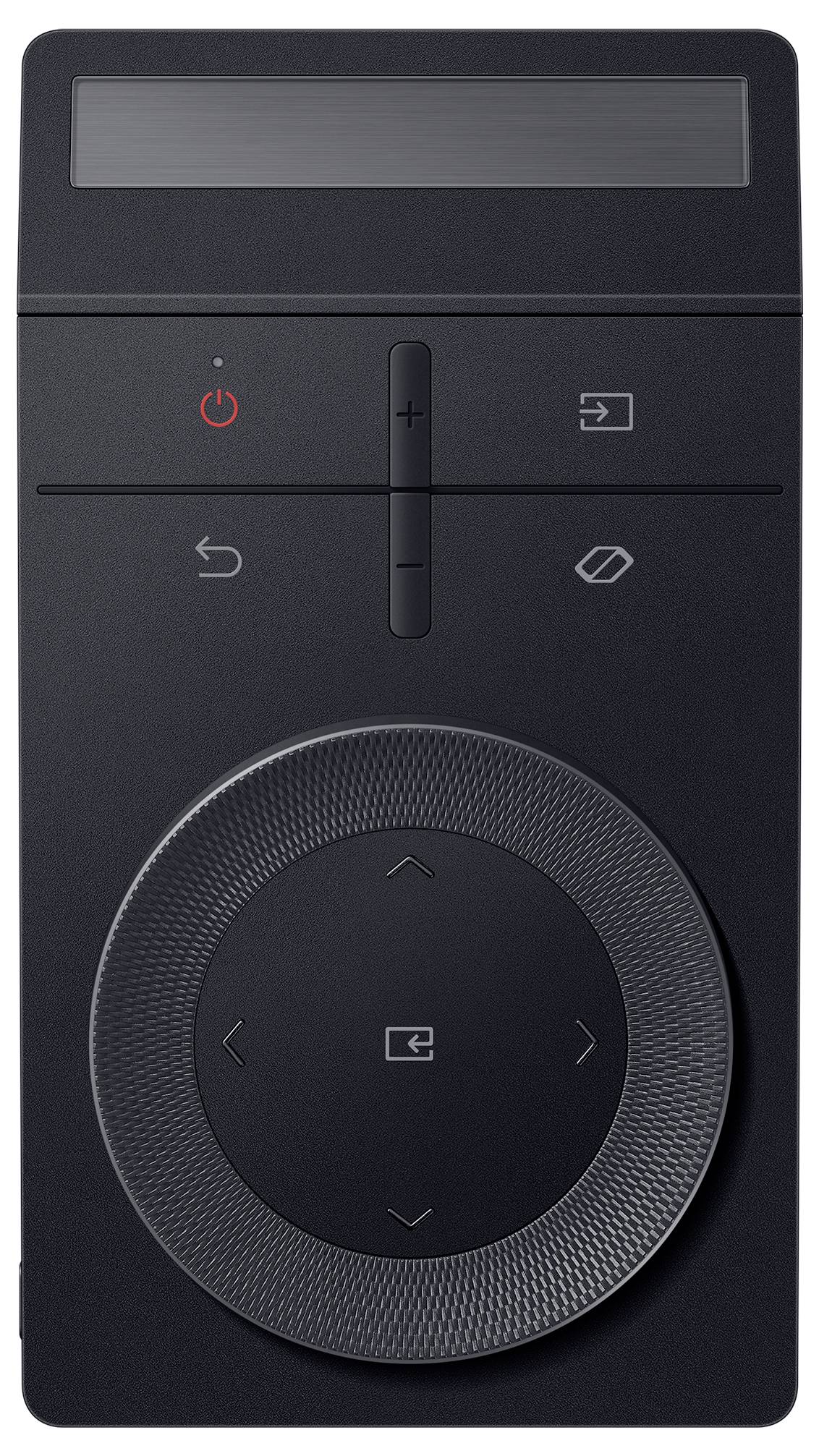 Télécommande noire avec pavé directionnel, bouton marche/arrêt, réglage du volume et touches de fonction supplémentaires.