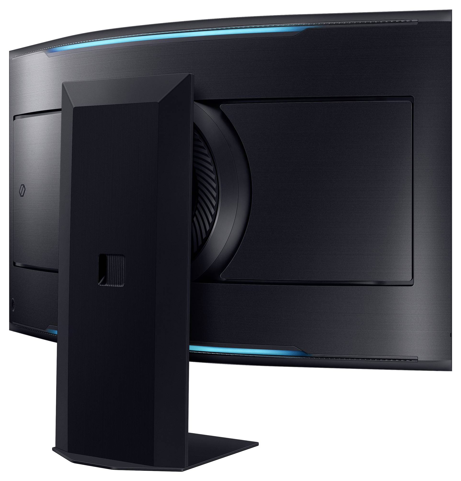 Un écran d'ordinateur noir et incurvé vu de dos, avec un socle stable. Des lumières LED bleues en haut et sur les côtés.