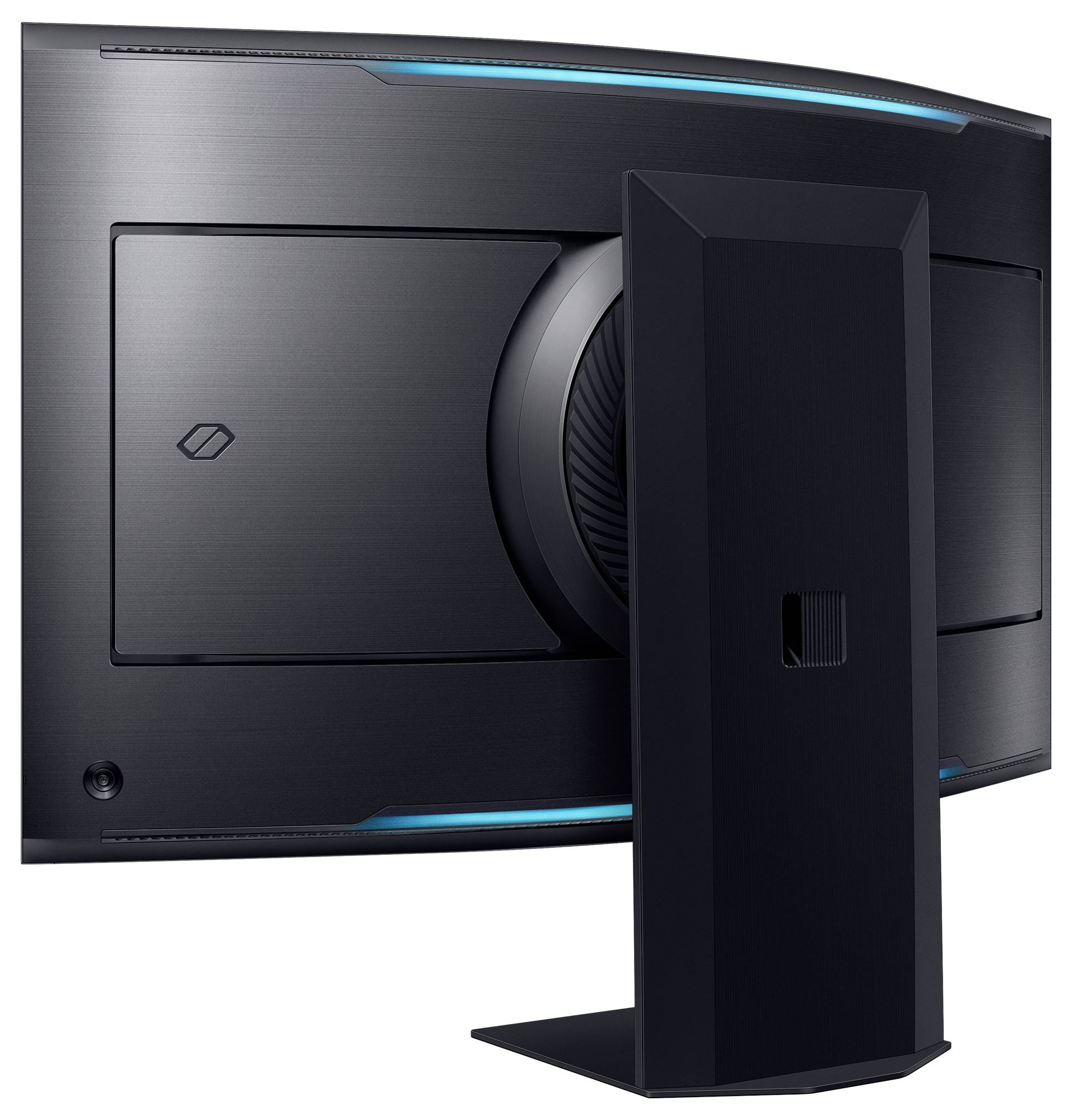 Vue arrière d'un écran d'ordinateur incurvé avec une bande lumineuse LED bleue et un socle noir sur fond blanc.