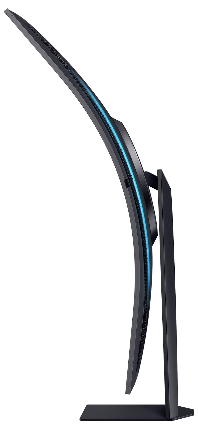 Un écran d'ordinateur incurvé vu de côté, avec un cadre noir élégant et un effet lumineux bleu à l'arrière.