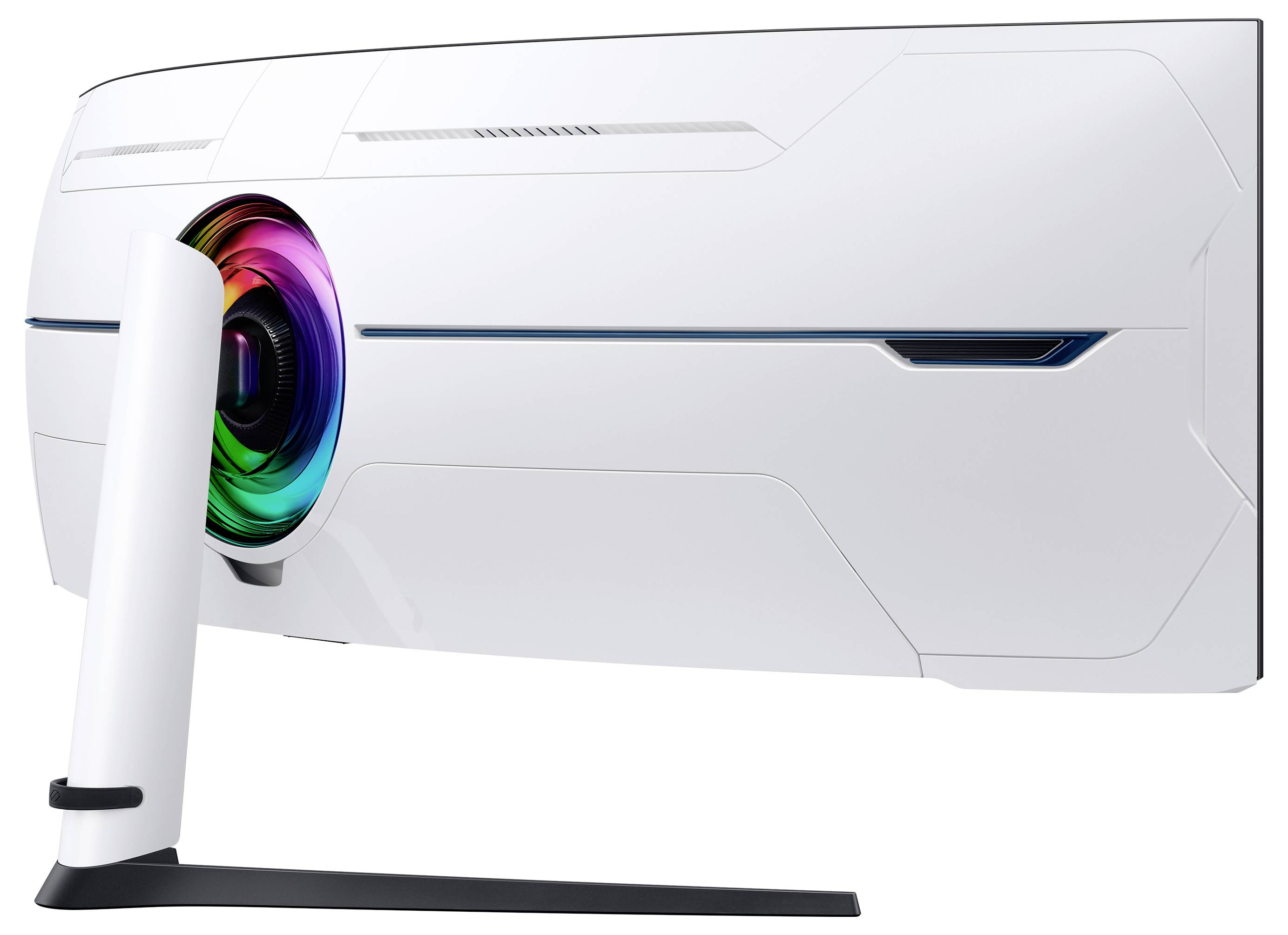 Un moniteur de jeu blanc incurvé, vu de dos, avec un cercle lumineux multicolore au centre.