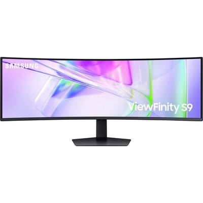 Un moniteur Samsung incurvé, modèle ViewFinity S9, avec un motif d'écran coloré.
