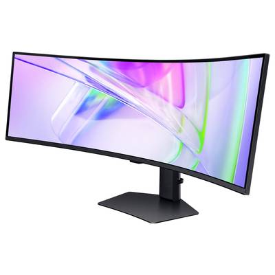 Un moniteur ultra-large et incurvé avec un cadre étroit sur un support stable. L'écran affiche des formes abstraites et colorées.