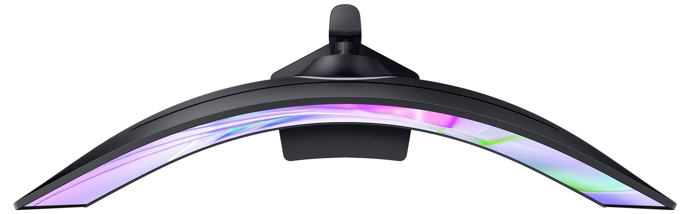 Moniteur incurvé vu de dessus, montrant un écran aux couleurs vives avec un socle au centre.