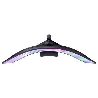 Moniteur incurvé vu de dessus, montrant un écran aux couleurs vives avec un socle au centre.