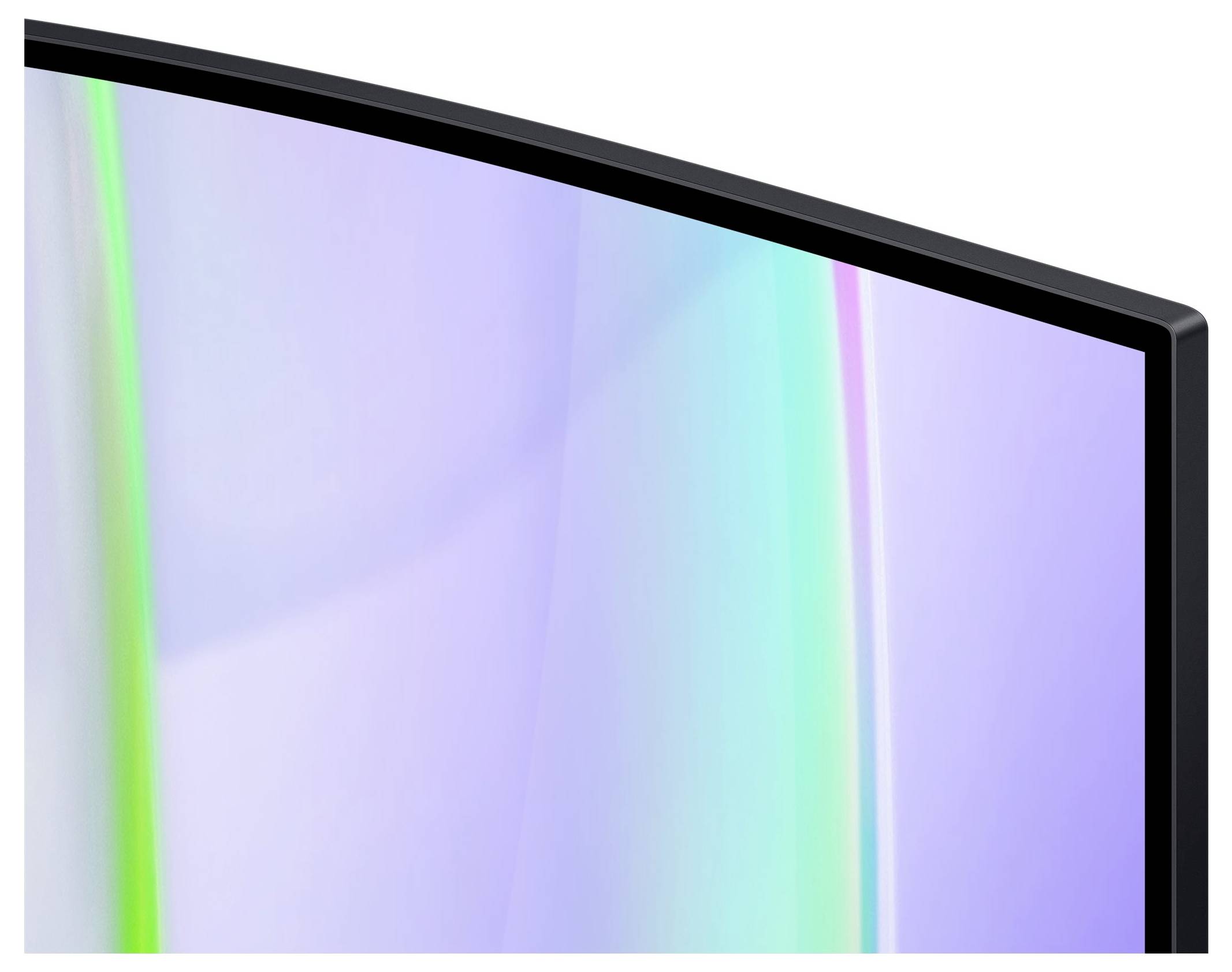 Écran de télévision incurvé vu de côté, montrant un affichage fluide et coloré avec des tons de violet, de bleu et de vert.