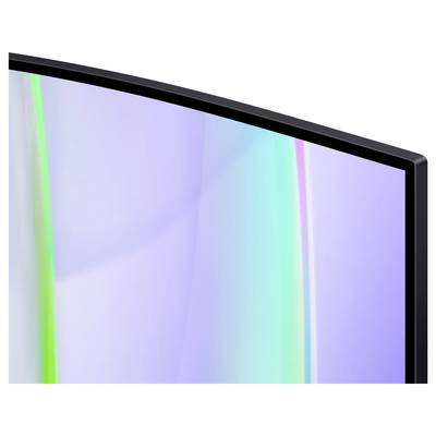 Écran de télévision incurvé vu de côté, montrant un affichage fluide et coloré avec des tons de violet, de bleu et de vert.