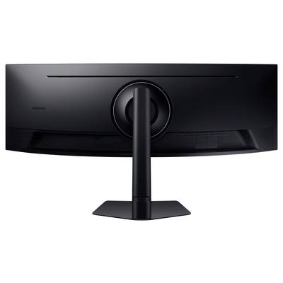 Vue arrière d'un moniteur incurvé noir sur un socle. Le moniteur est large et convient au gaming ou au multimédia.