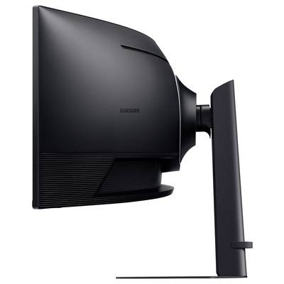 Moniteur Samsung noir vu de côté, fixé sur un socle.