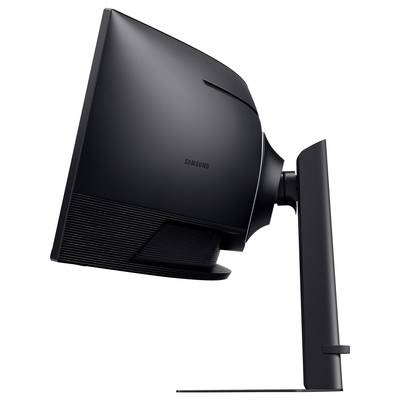 Vue latérale d'un moniteur d'ordinateur noir à écran incurvé avec un support réglable, adapté aux travaux de bureau.