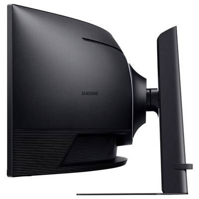 Vue latérale d'un moniteur Samsung noir au design élégant avec un écran incurvé, monté sur un socle stable.