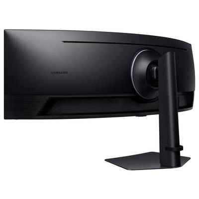 Un écran d'ordinateur incurvé ultra-large de Samsung, vue arrière avec support, adapté aux configurations de gaming.