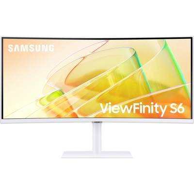 Un moniteur Samsung ViewFinity S6 incurvé avec un support blanc. Des formes abstraites et colorées sont visibles à l'écran.