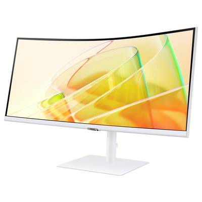 Un grand écran d'ordinateur incurvé avec un cadre blanc affiche un design abstrait et coloré composé de lignes et de formes fluides.