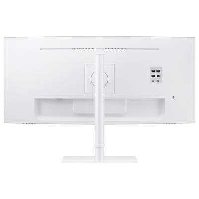 Dos d'un moniteur d'ordinateur blanc avec socle et plusieurs ports de connexion sur le côté droit.