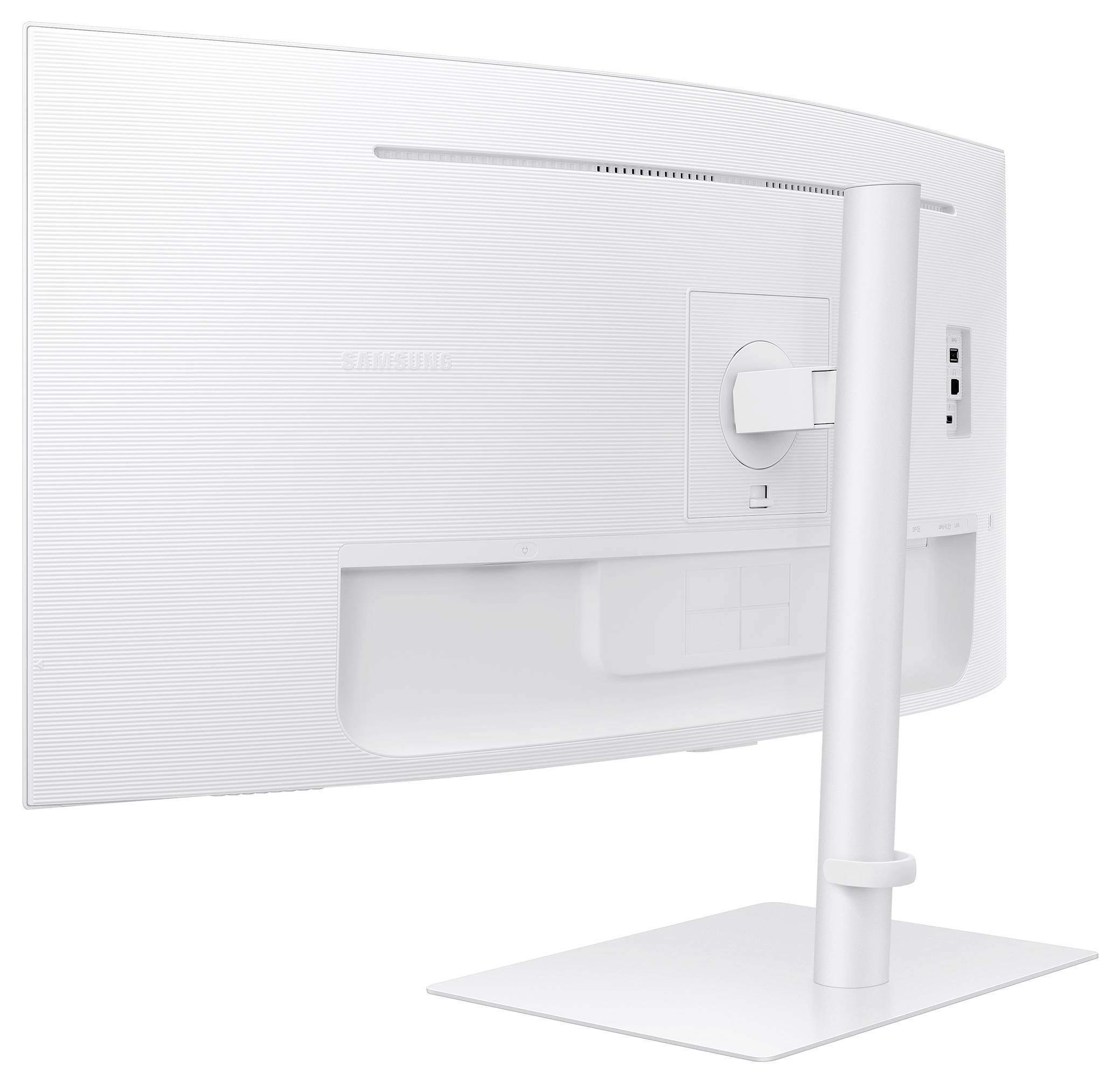 Un écran d'ordinateur blanc vu de dos, avec un socle stable et plusieurs ports sur le côté.