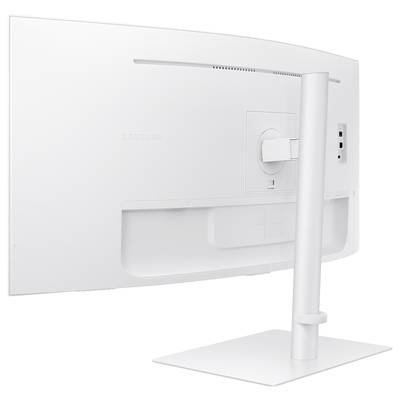 Un écran d'ordinateur blanc vu de dos, avec un socle stable et plusieurs ports sur le côté.