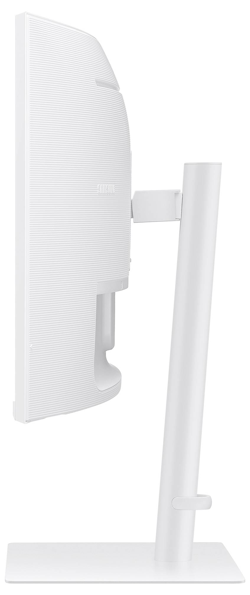 Vue latérale d'un moniteur d'ordinateur moderne en blanc, monté sur un socle. L'écran est fin et minimaliste.