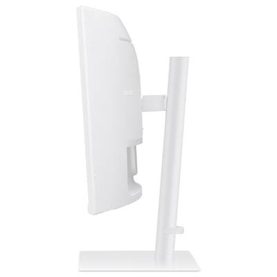 Vue latérale d'un moniteur d'ordinateur blanc avec un cadre fin et un design minimaliste, posé sur un socle stable et réglable.