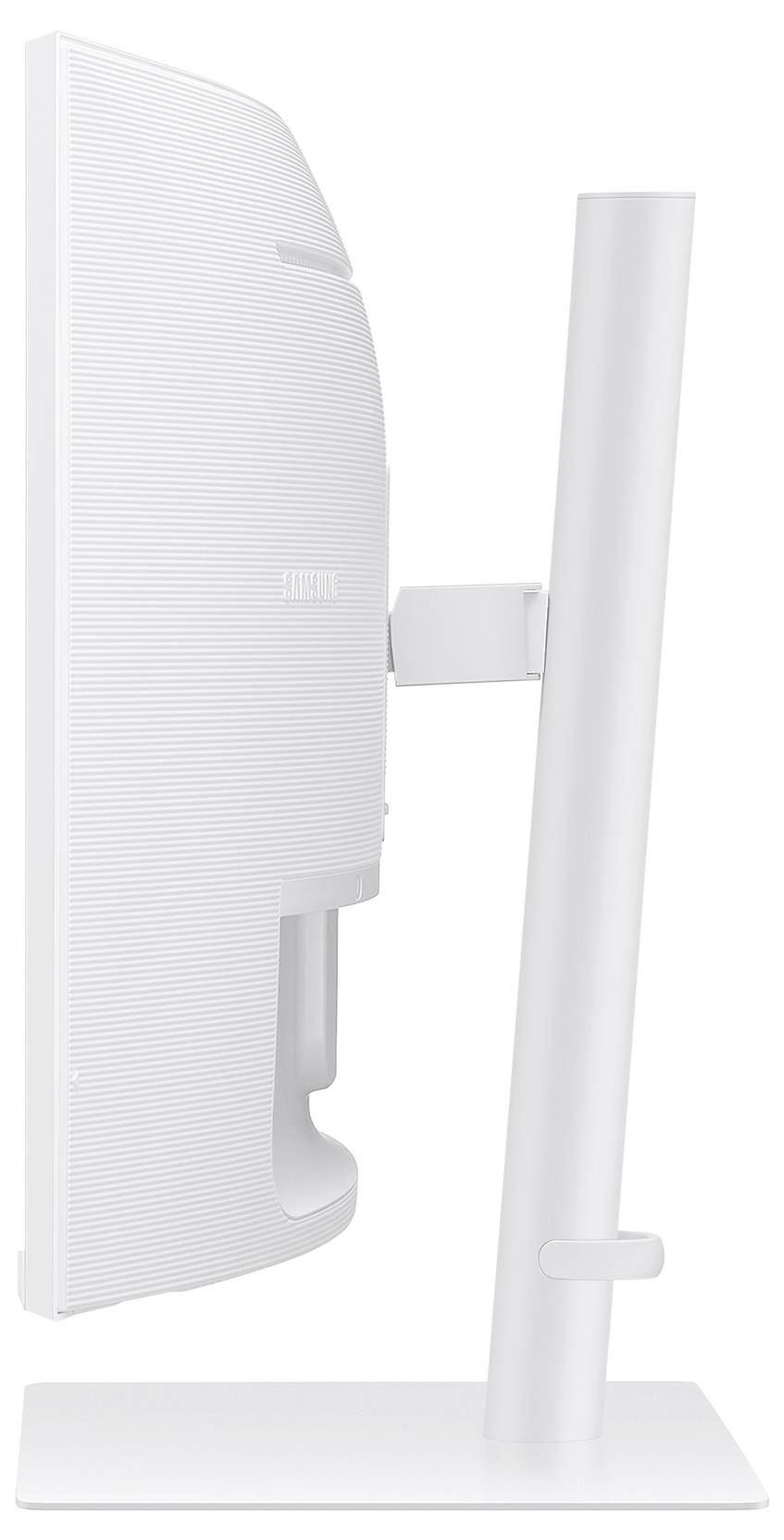 Vue de côté d'un moniteur d'ordinateur blanc sur un support. Écran rectangulaire avec un cadre étroit, orientation verticale.