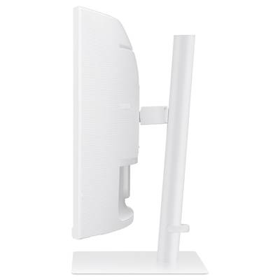 Vue de côté d'un moniteur d'ordinateur blanc sur un support. Écran rectangulaire avec un cadre étroit, orientation verticale.