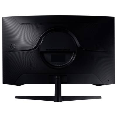 Vue arrière d'un moniteur d'ordinateur noir au design incurvé avec un motif structuré. Socle fixé au centre.