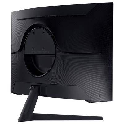 Un écran d'ordinateur noir vu de dos. Le design présente un dos incurvé et structuré avec un socle simple.