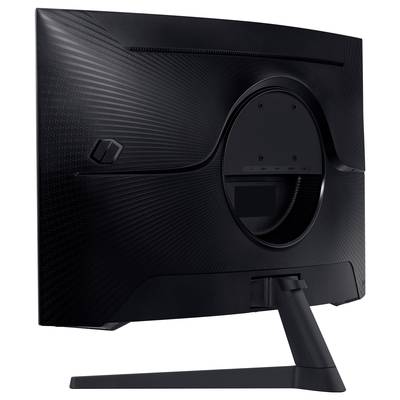 Moniteur d'ordinateur noir vu de dos, montrant un socle et une surface structurée.