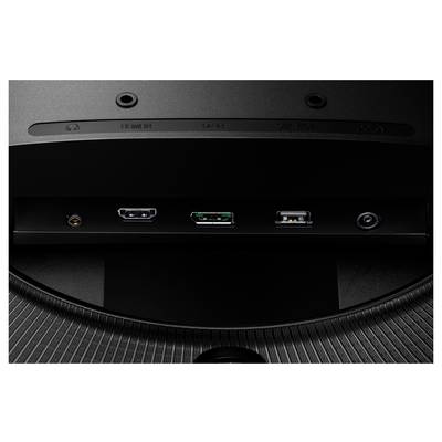 Vue arrière d'un moniteur avec plusieurs ports : DisplayPort, HDMI, USB-C et prise audio.