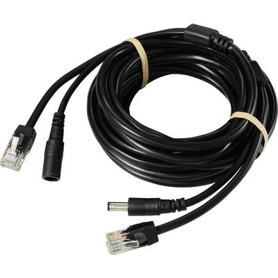 Un long câble noir enroulé avec deux connecteurs RJ45 et une fiche d'alimentation DC.