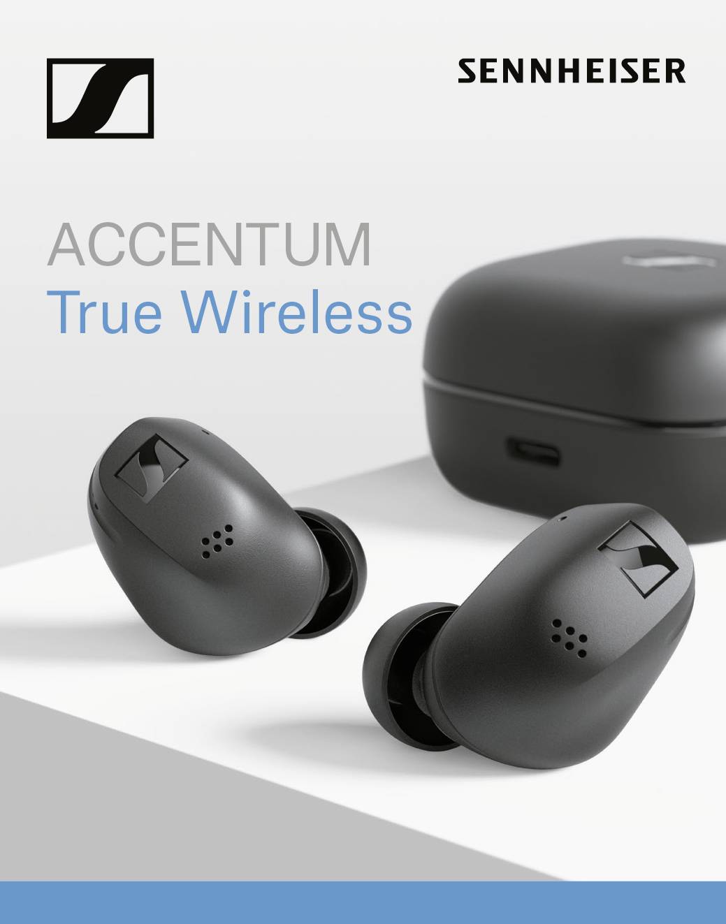 Écouteurs sans fil noirs Sennheiser avec étui de charge en arrière-plan. Texte : 'ACCENTUM True Wireless'.