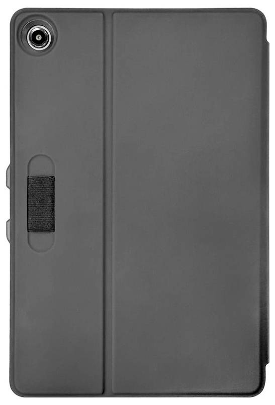 Une housse de protection noire pour tablette, au design épuré, avec découpe pour la caméra et une bande élastique à l'arrière.