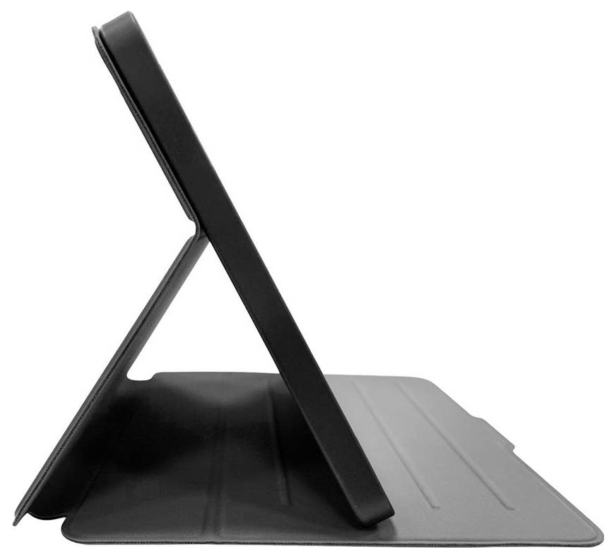 Tablette dans un étui noir avec fonction support, vue de côté. L'étui maintient la tablette dans une position légèrement inclinée et verticale.
