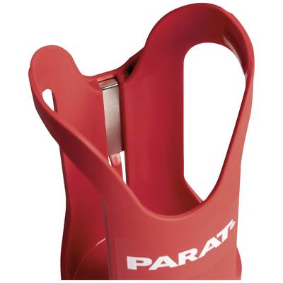 Porte-couteau de sécurité rouge avec lame visible à l'intérieur, ouvert en haut pour un accès facile.