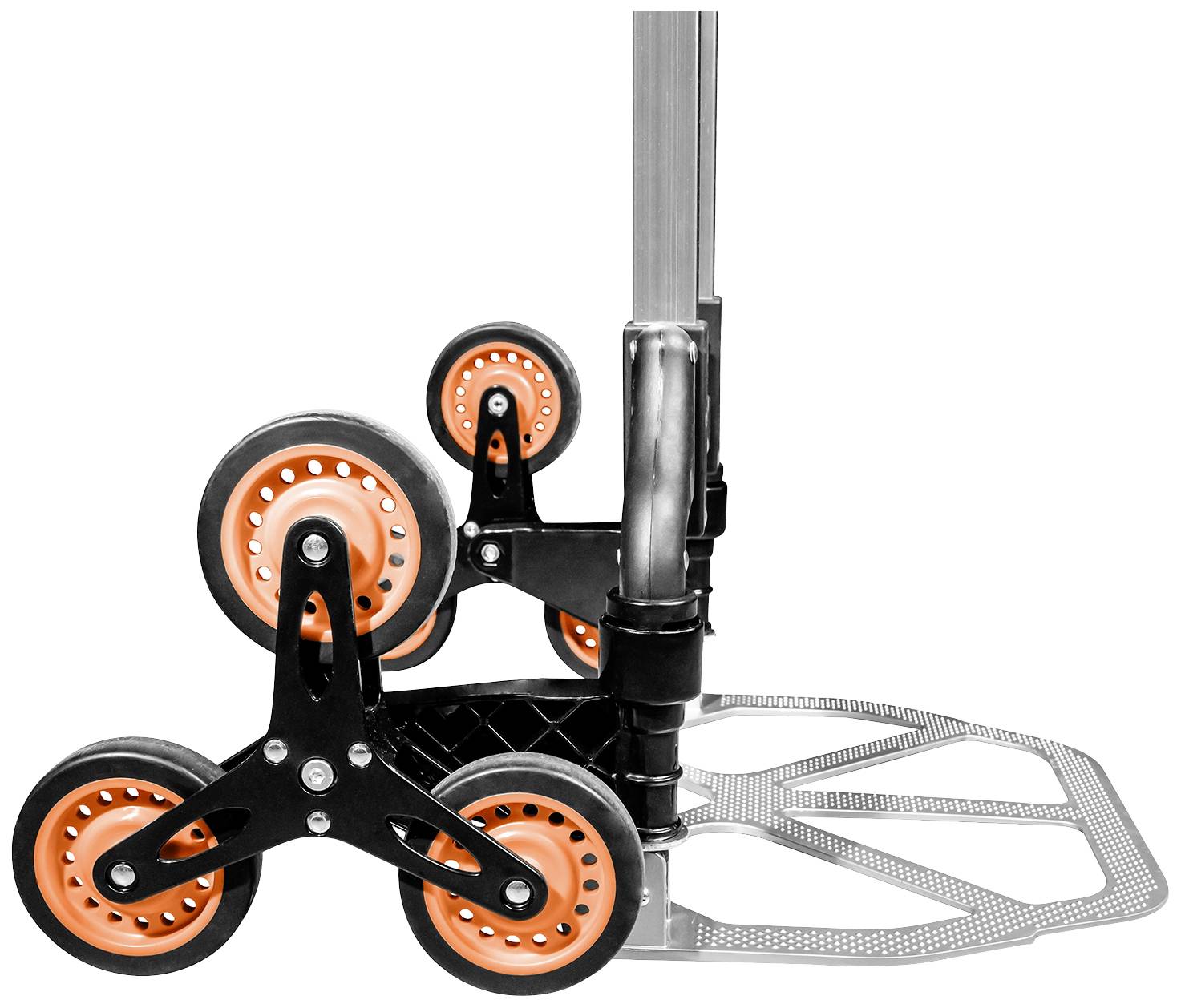 Brouette à six roues, spécialement conçue pour franchir les marches d'escalier, avec des détails orange.