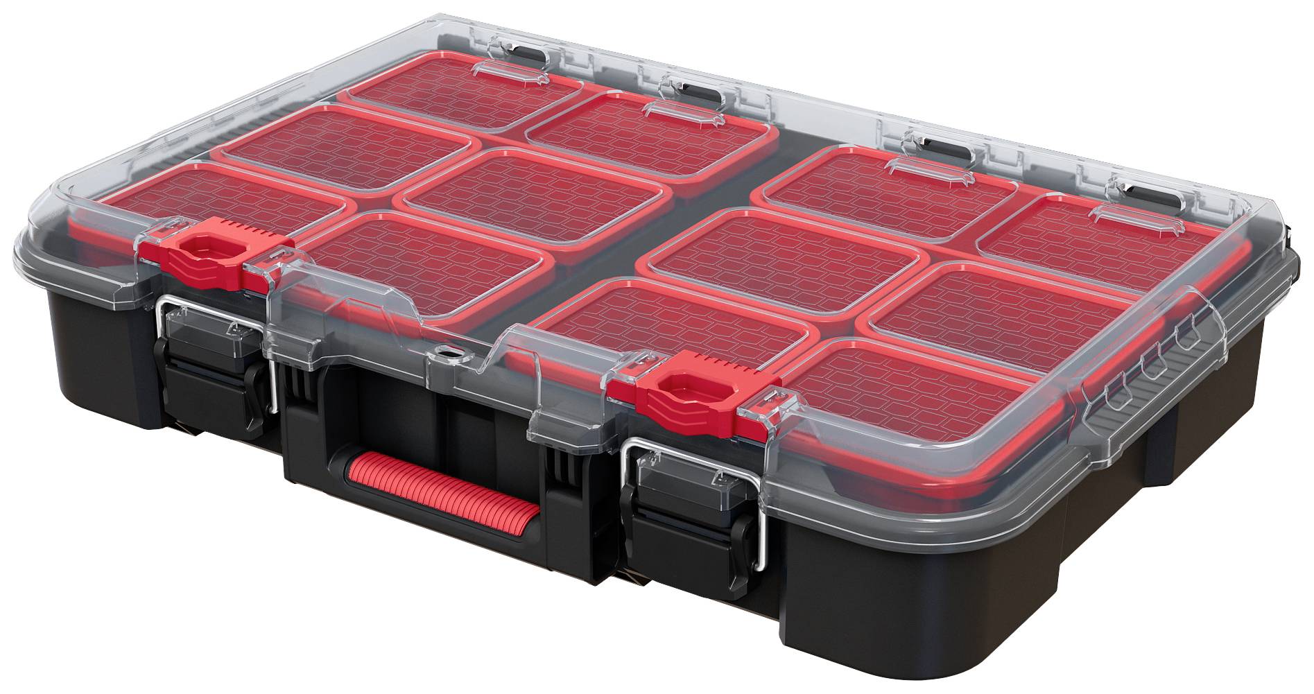 Une boîte à outils noire avec un couvercle transparent, une poignée rouge et des compartiments amovibles rouges pour ranger les petites pièces.