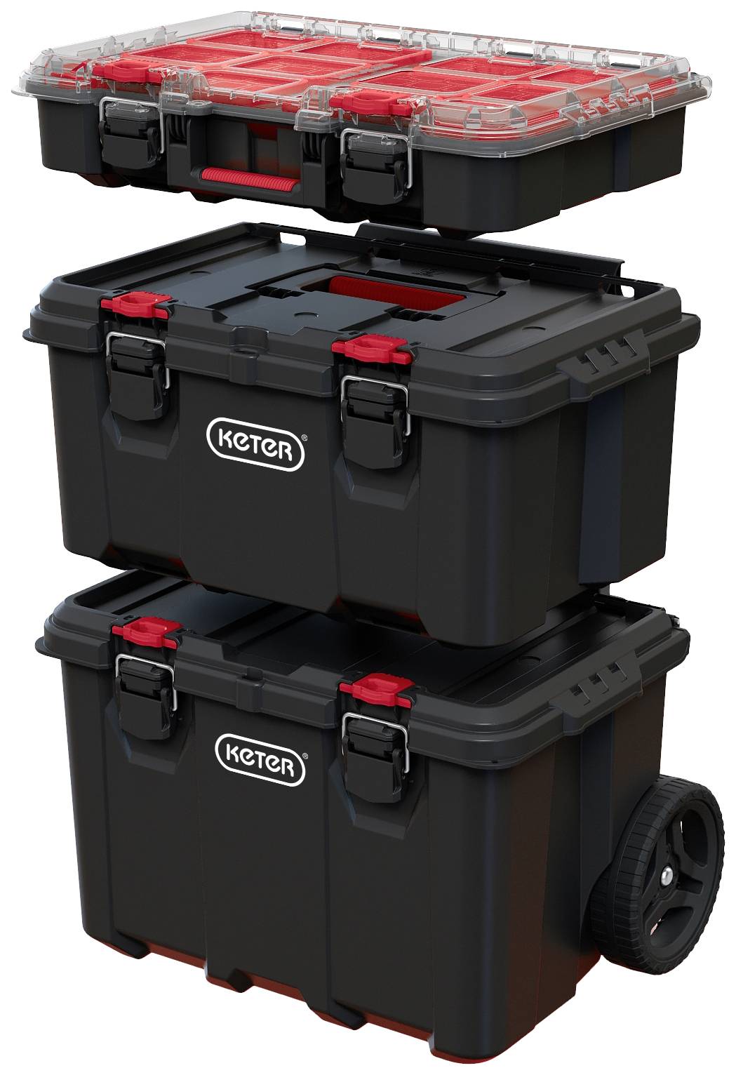 Trois boîtes à outils empilées de couleur noire, montées sur roulettes, avec un couvercle rouge en haut, de la marque Keter ; conçues pour le rangement et le transport des outils.