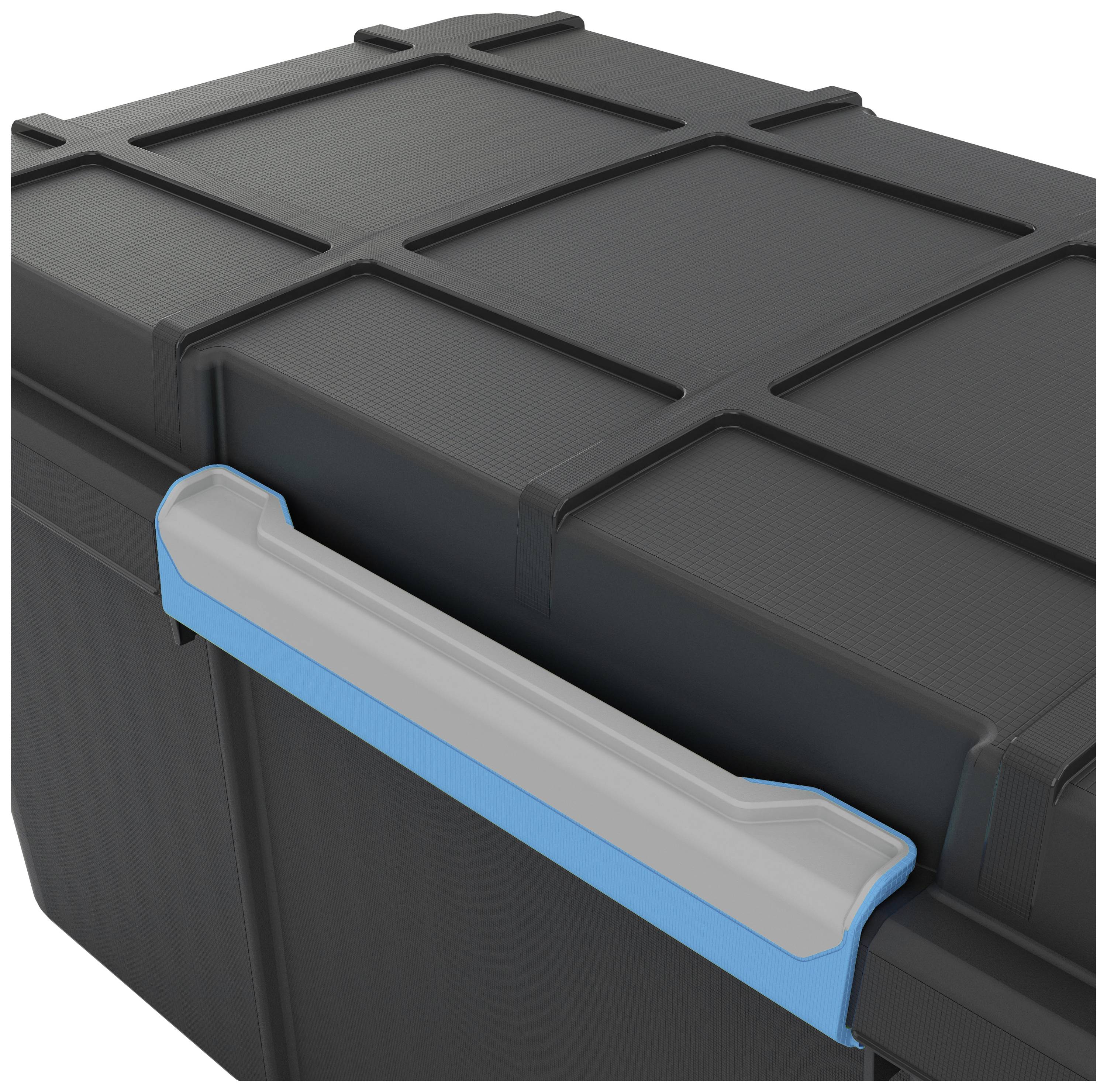 Grande boîte de rangement noire avec une poignée bleu-gris, offrant une solution de stockage stable et portable.