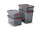 Quatre boîtes de rangement en plastique gris avec des poignées rouges, empilées en deux colonnes. Adaptées au stockage ou au transport.
