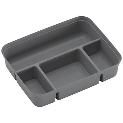 Compartiment gris pour couverts avec quatre compartiments de tailles différentes. Adapté pour organiser les ustensiles dans les tiroirs.