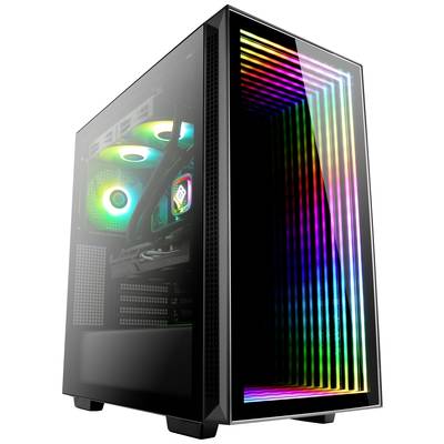 Un boîtier d'ordinateur avec une façade en verre, derrière laquelle un éclairage LED coloré est visible. Le panneau latéral montre également des ventilateurs éclairés.