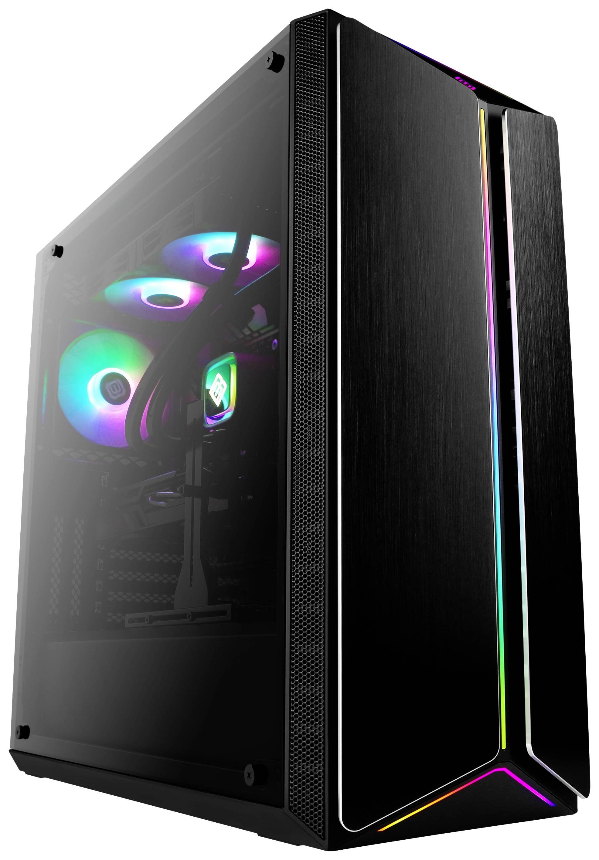 Boîtier de PC gaming avec fenêtre en verre et éclairage RVB coloré, montrant les composants internes et les ventilateurs LED câblés.
