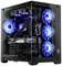 Un PC gaming noir avec un boîtier transparent révèle des ventilateurs LED bleus et une carte graphique GeForce RTX visible.